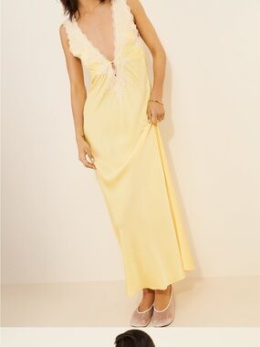 Rumored Yellow Maxi Slip Dress with Cream Lace Trim